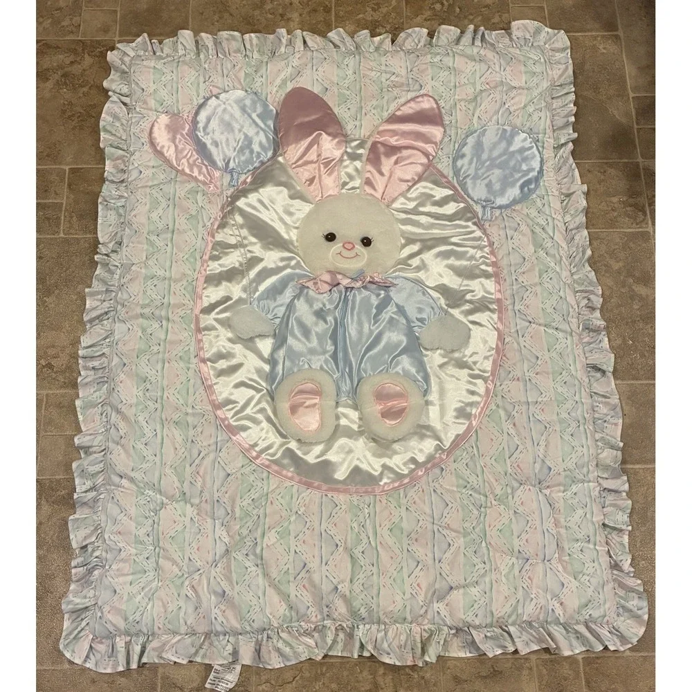 Vtg Lambs & Ivy Bunny Balloons Appliqué Hearts Crib Quilt Sheet~Blue Pink White